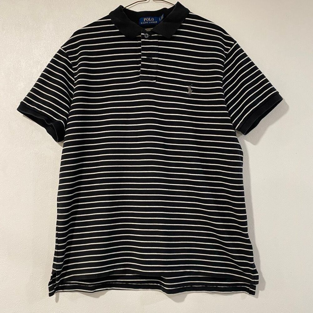 Polo Ralph Lauren Custom Slim Fit Striped Polo Shirt Mens Medium Black Stretch M